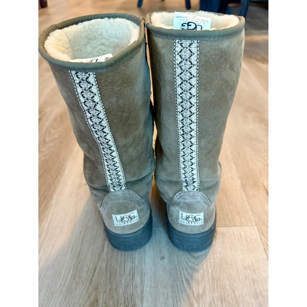 Vintage Ugg Ultra Tall Boots Suede Shearling Embroidered Braid Womens 7 Brown